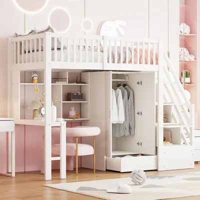A white loft bed with a desk, wardrobe, and storage stairs, set in a child's bedroom with pink accents.