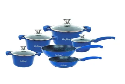 Produktbild von Kochtopf Kasserolle Bratpfannen Set 10-tlg blau Glasdeckel