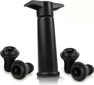 Produktbild von Vacu Vin Schwarze Pumpe mit Wine Saver-Verschlüssen - Hält Wein bis zu 10 Tage frisch (Schwarz)