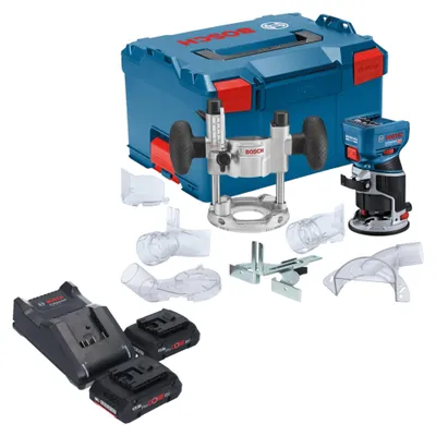 Produktbild von Bosch GKF 18V-8 Professional Akku Kantenfräse 18 V 8,0 mm Brushless + 2x ProCORE Akku 4,0 Ah + Ladegerät + Taucheinheit + L-Boxx