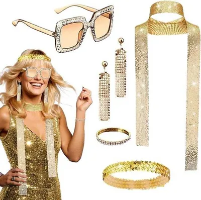 Produktbild von Set aus 5 Disco Accessoires für Frauen - 70er Jahre Kostüm mit Pailletten, Ohrringe, Sonnenbrille, Armband und Haarriemen für Karneval und Cosplay