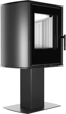A black freestanding stove on a pedestal against a white background.