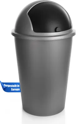A gray trash can with a black lid on a white background.