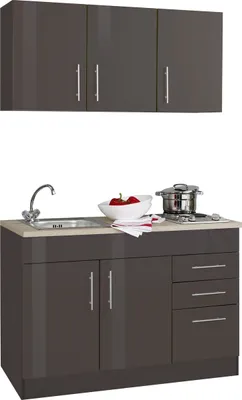 Produktbild von Held Möbel Küchenzeile Toronto, 120 cm, 6 Module, Graphit Hochglanz, Sonoma Eiche Nachbildung, Edelstahl, inkl. Kochfeld & Spüle, wechselbar