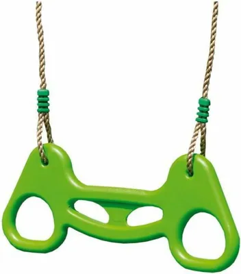 A green swing trapeze with two rope handles against a white background.