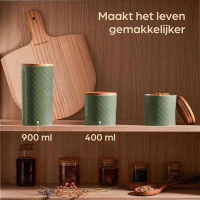 Productafbeelding van Keramische set van 3 munstgroene potten met luchtdicht deksel van bamboe