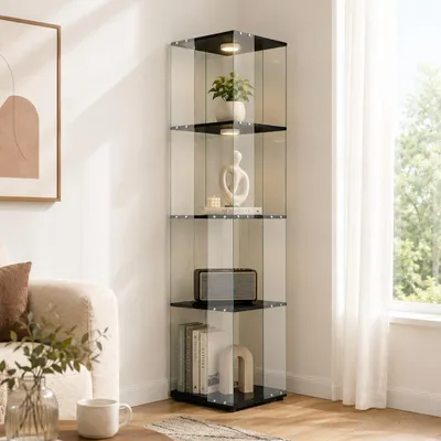 Zdjęcie produktu dla Szkleniana witryna z oświetleniem LED, stojąca, obrotowa o 360 stopni, wysokość 160 cm, kolor czarny