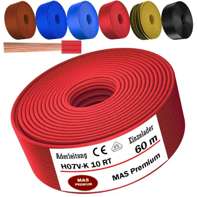 Zdjęcie produktu dla Przewód zasilający o długości 60 metrów, typ H07 V-K RT, jednożyłowy, elastyczny, przekrój 1x10 mm², kolor czerwony