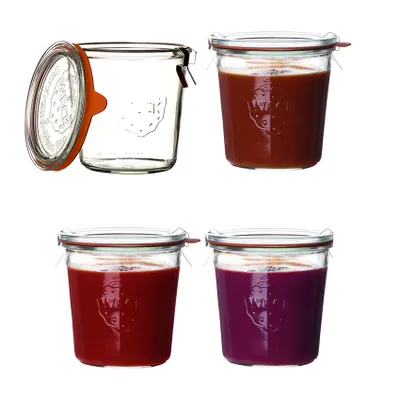 Produktbild von Weck Einkochglas 500 ml (Rundrand Sturzform Einweckgläser Dessertgläser, inkl. Dichtungsringe + Klammern, zum Aufbewahren von Vorräten) - 4 Stück