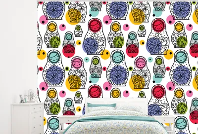 Produktbild von MuchoWow® Fototapete für Wohnzimmer oder Schlafzimmer Wandtapete Vinyl Motivtapete Matroschka - Schnittmuster - Baby - 275x220 cm - Gemustert