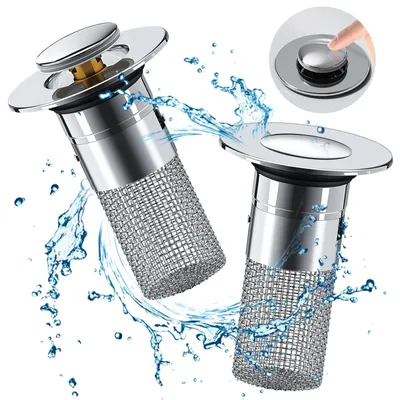 Produktbild von Waschbeckenstöpsel mit Haarsieb - Universal Pop-up Abflussfilter aus Edelstahl - Für 34-40 mm Abflusslöcher - 2 Stück