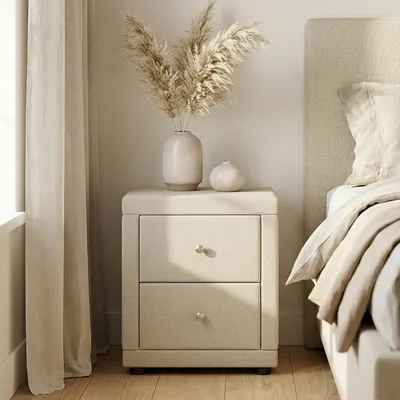 Produktbild von Homestyle4u, Nachttisch Schlafzimmer Nachtschrank Beige Stoff 2 Schubladen