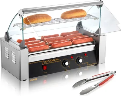 Produktbild von Hot Dog Maker - Hot Dog Grill - Edelstahl Grill für Hotdogs - 5 Rollen - 1 kW - Kompakter Grill für leckere Hot Dogs