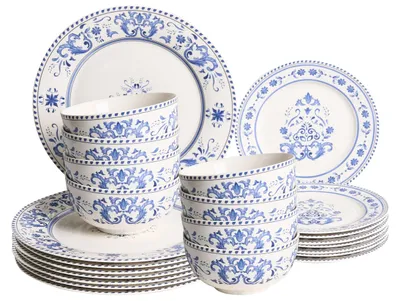 Zdjęcie produktu dla BELIANI Zestaw naczyń 24-częściowy biały niebieski porcelana abstrakcyjny wzór ręcznie robiony komplet dla 8 osób do kuchni jadalni