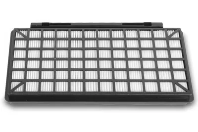 A black and white HEPA filter for a vacuum cleaner.