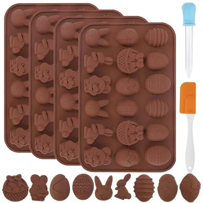 Produktbild von Silikonform Ostern Hase 4er Set für Schokolade & Süßigkeiten mit Spatel & Pipette