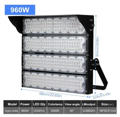 Obrázok produktu pre LED reflektor – štadiónové osvetlenie XQMZ-4P960W – 960W – 150 lm/W – AC 120-277V – 6000K (studená biela) – IP65 (vodotesné), vhodné pre parkoviská a tunely
