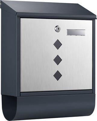Wiltec Designer Briefkasten V36 Anthrazit und Edelstahl 305 x 105 x 385 mm, Wandbriefkasten mit Schloss, Sichtfenstern, Namensschild, Zeitungsrolle, Postkasten aus galvanisiertem Stahl