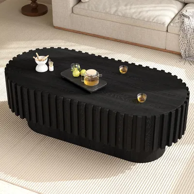 Productafbeelding van MODFU Salontafel Ovaal, 100 x 50 x 35,5 cm, salontafel met lade, woonkamer tafel, koffietafel, zwart met lamellenlook en voet