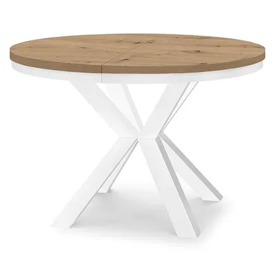 Produktbild von Runder Ausziehbarer Tisch für Esszimmer RAL mit Ring-Gestell, Loft-Stil, Industriel, Durchmesser: 90 / 190 cm, Farbe: Eiche Artisan / Weiß