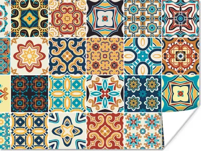 Produktbild von MuchoWow® Poster Blumen - Vintage - Muster - Blau - Orange 120x90 cm - Wandbild