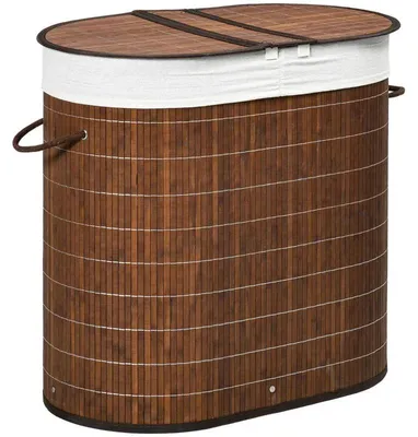 Image de Panier à linge en bambou avec couvercle et 2 compartiments | Couleur : marron | Dimensions : 37 x 62,5 x 60,5 cm