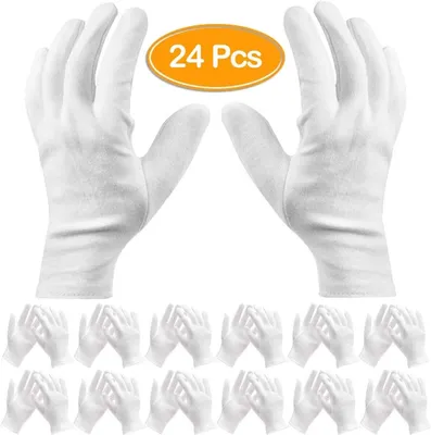 Produktbild von Packung mit 24 weißen Baumwollhandschuhen, Arbeitshandschuhe, Kosmetikhandschuhe mit Feuchtigkeitspflege für trockene Hände und Ekzeme, Schmuckinspektionshandschuhe