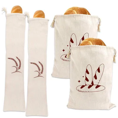Produktbild von Brotbeutel Leinen 4er Set mit Kordelzug wiederverwendbare Brotsäcke für Baguette Brot Obst Gemüse Küche Haushalt Camping