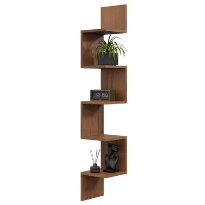Produktbild von Eckregal MIDI Nussbaum – elegantes Hängeregal in dunkler Holzoptik, platzsparendes Wand-Eckregal für Bücher und Dekoration