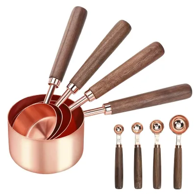 Produktbild von 8-teiliges Messbecher- und Messlöffel-Set – Edelstahl mit Walnussgriffen