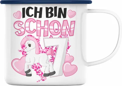 Produktbild von Trendation - 7. Geburtstag Mädchen Emaille Tasse Pferde Reiterin 7er Geburtstag Tochter Geschenkidee Kindergeburtstag 7 Jahre Alt (Blau)