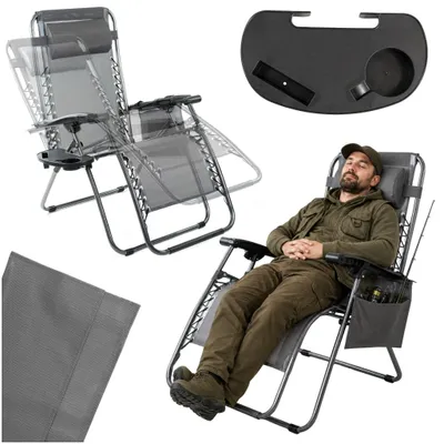 Zdjęcie produktu dla Fotel Leżak Ogrodowy Zero Gravity Składany 130 kg Z Tacką Zagłówkiem Grafit