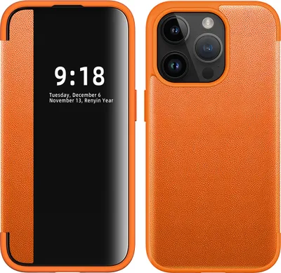 Produktbild von iPhone 15 Pro Hülle, Schlank Kunstleder Klapp Ledertasche Schutzhülle für iPhone 15 Pro Orange