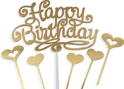 Produktbild von Tortendeko Happy Birthday Gold + 5 Herzen Kuchen Topper für Torten