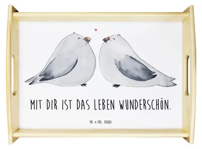 Produktbild von Mr. & Mrs. Panda Tablett Turteltauben Liebe - Weiß - Geschenk, betttablett, Hochzeit, Holztablett, Tauben, Servier, Hochzeitstag, Freundin, Deko, Serviertablett