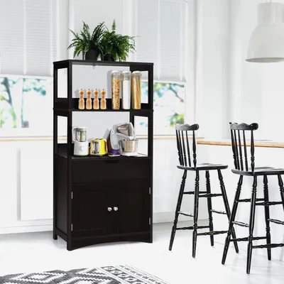 Produktbild von Freistehender Badezimmerschrank, Hochschrank für Bad mit 2 Türen & 3 offenen Regalen & Schublade, moderner Mehrzweckschrank Küchenschrank für Bad Küche Wohnzimmer (Schwarz)