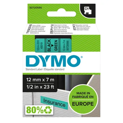 Produktbild von DYMO Original D1-Etikettenband | schwarz auf grün | 12 mm x 7 m | selbstklebendes Schriftband | für LabelManager-Beschriftungsgerät
