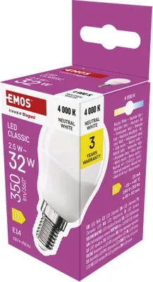 EMOS LED Lampe Mini Globe, 2,5W Ersatz für 32W, kleine Birne mit E14 Sockel, Helligkeit 350 lm, Neut
