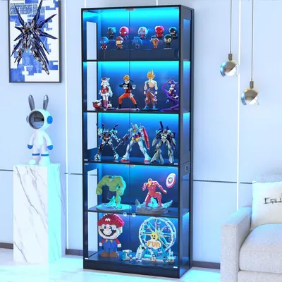 Produktbild von LED Vitrine mit Glastür 5 Einlegeböden 3-farbige Beleuchtung Bewegungssensor Schwarz 205x80x35 cm