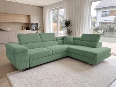Produktbild von AX LIVING Konak Cord-Ecksofa R Salbeigrün 276 cm breit, Schlaffunktion, Bettkasten
