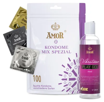 Produktbild von AMOR Premium Kondom und Gleitgel Set, Mix Special 100 Kondome Ø 53 mm, 5 Sorten + Vibratissimo Play Gel med 250 ml
