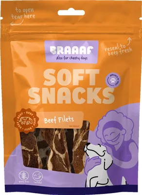 Imagen del producto de Braaaf: Snack suave para perros, sabor a filete de ternera y pescado, 85 g