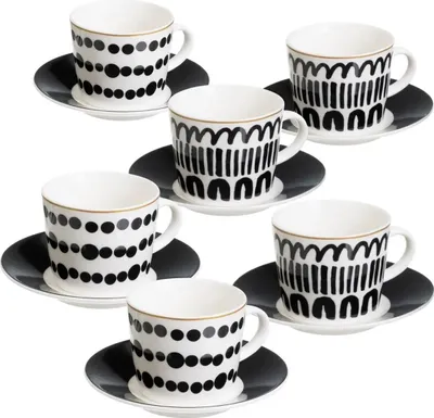 Zdjęcie produktu dla HowHomely | Filiżanka ceramiczna - zestaw 6 filiżanek do kawy ze spodkami - czarny biały - 100 ml - filiżanka - geometryczny wzór