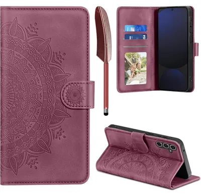 Zdjęcie produktu dla Etui typu flip wallet do telefonu Samsung Galaxy S24 FE, wykonane z wysokiej jakości skóry PU, w kolorze burgundowym, z przegródkami na karty i funkcją podstawki