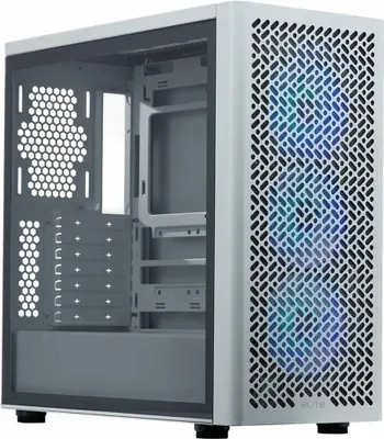 A white computer tower case with a tempered glass side panel and a black mesh front panel with blue and green lighting visible through it.