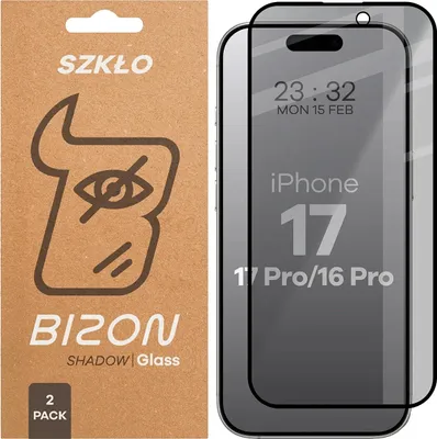 Produktbild von Gehärtetes Glas mit Privatschutzfilter für iPhone 17 / 17 Pro / 16 Pro, Bizon Glass Edge Shadow Duo, getönt mit schwarzer Rahmen, 2 Stück