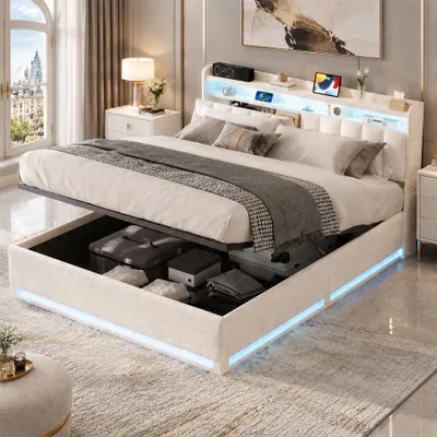 Produktbild von INONEFT Hydraulisches Bett 140 x 200 cm, Polsterbett mit USB und LED, Jugendbett, Doppelbett mit Stauraum und Lattenrost, Erwachsenenbett, Samt, Beige
