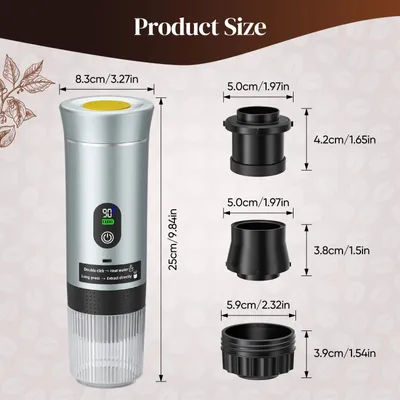 Produktbild von 3-in-1 Kaffeemaschine - Tragbare 12V Espressomaschine - Für Kapseln und Kaffeepulver - Wiederaufladbar mit Akku - Edelstahl - Silber