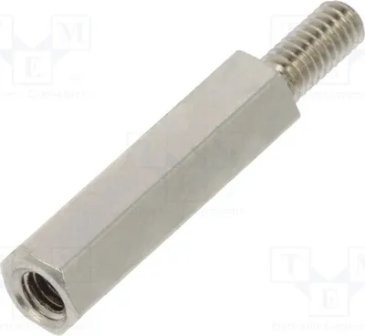 Obrázok produktu pre 10 kusov distančných objímok so závitom: vnútorný závit M2,5, dĺžka 15 mm; vonkajší závit M2,5, rozmery 21x12x15 mm. Distančné prvky