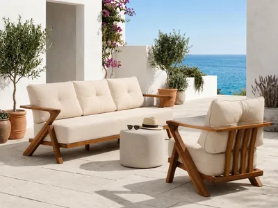 Produktbild von Gartenlounge Set 3-Sitzer Sofa Sessel Beige Kissen Komfort
